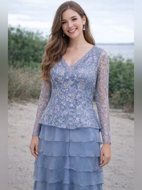 NEW Formal Lace Dress with semi sheer long sleeves and bodice floral embroidery